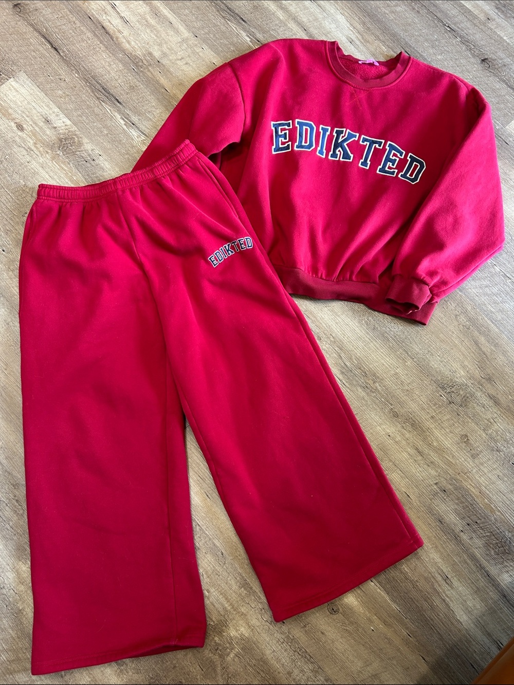 Edikted Bright Red Wide-Leg Joggers (m) and sweatshirt (L)